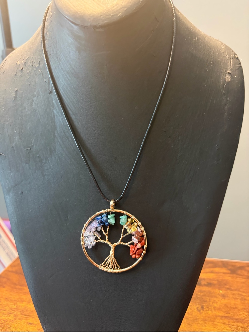 Gold-Tone Tree of Life Necklace with Multicolor Gem Chips